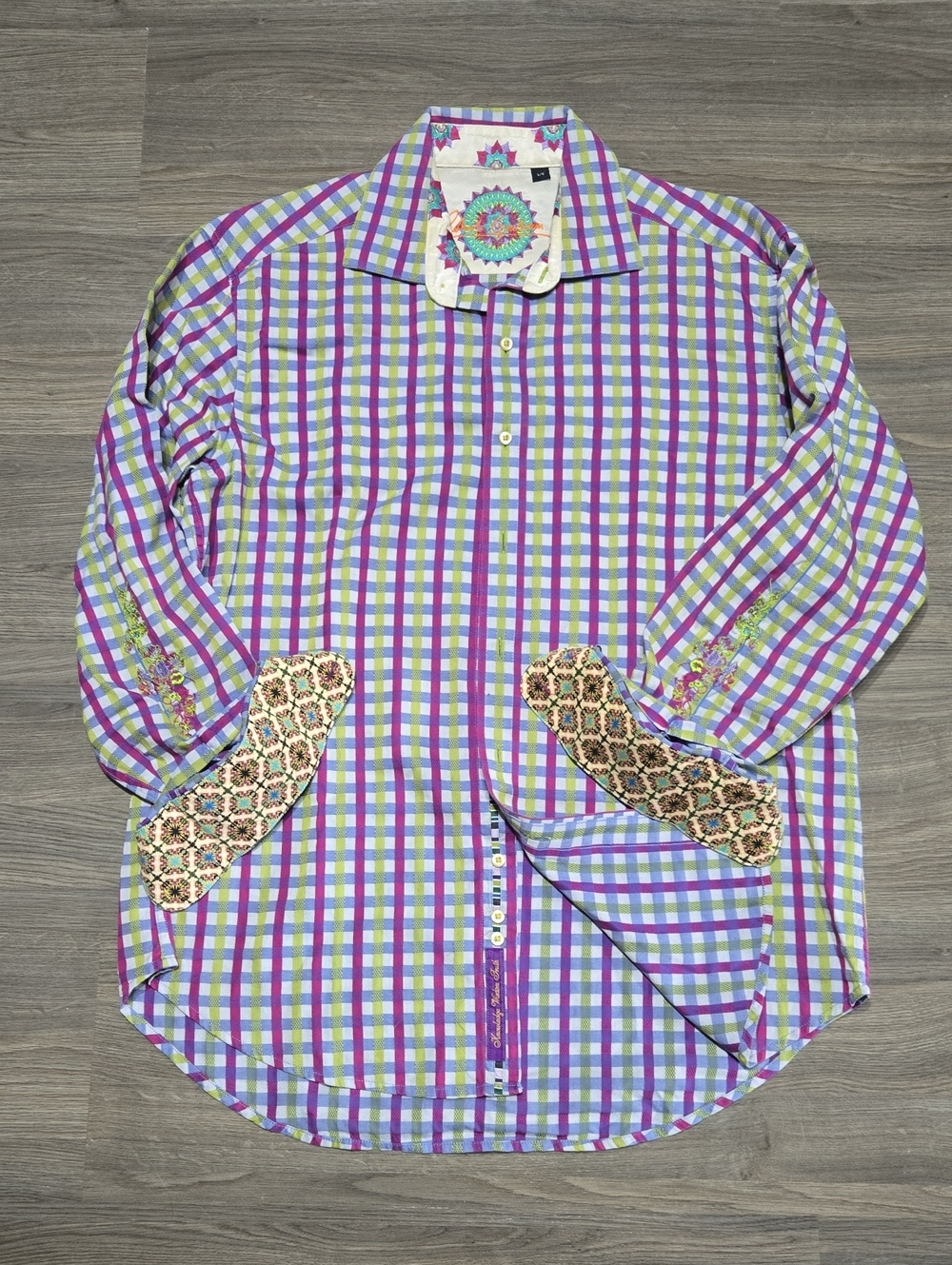 Robort Graham Button-Down Shirt Purple & Green Mens Large Flip Cuff Vtg